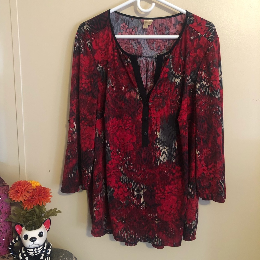 Chenault Red/Black Abstract Floral/Animal Print Long Sleeve Top